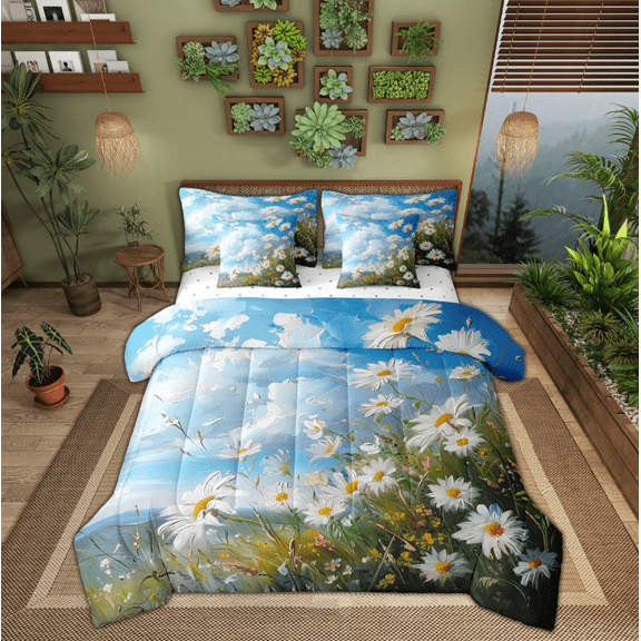 Manfei Kids Vibrant Groovy Bedding Comforter Set 7pcs, Daisy Flower Floral Queen Bedding Sets, Western Farmhouse Reversible Queen Sheet Sets, Lightweight Room Decor