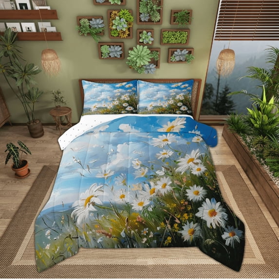 Manfei Kids Vibrant Groovy Full Size Comforter Sets, Daisy Flower Floral Bedding Comforter Set, Western Farmhouse Reversible Bedding Sets, Lightweight Room Decor, 3-Piece