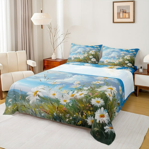 Manfei Kids Vibrant Groovy Twin Sheet Sets, Daisy Flower Floral Fitted and Flat Sheet, Western Farmhouse Lightweight Room Decor, 3-Piece