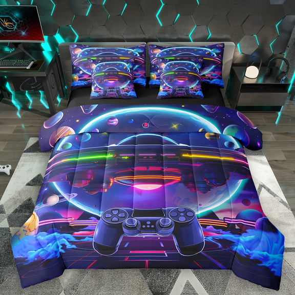 Manfei Kids Video Game Gamer Bedding Comforter Set 7 Pieces, Outer Space UFO Planets Queen Bedding Sets, Galaxy Gamepad Queen Sheet Sets, Super Cozy Room Decor