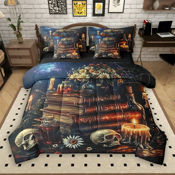 Manfei 7pcs Vintage Books Comforter Set, King - Skeleton & Western Mid Century