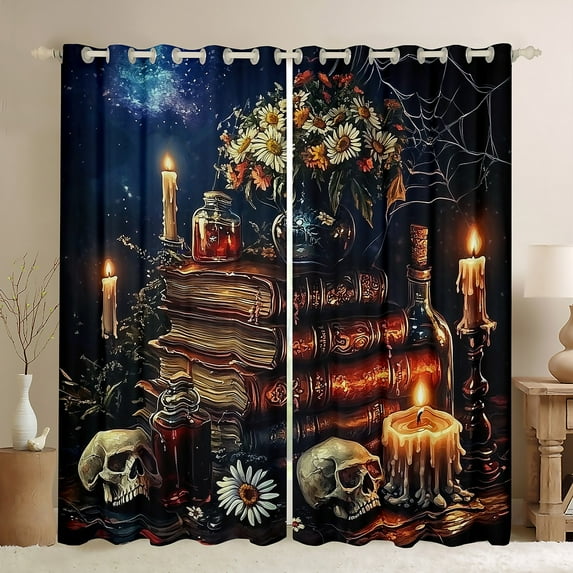 Manfei Kids Vintage Books Black Out Curtains, Gothic Skeleton Skull Curtains Pack of 2 (42x63 Each), Western Mid Century Bedroom Curtains, Curtains and Drapes Decor