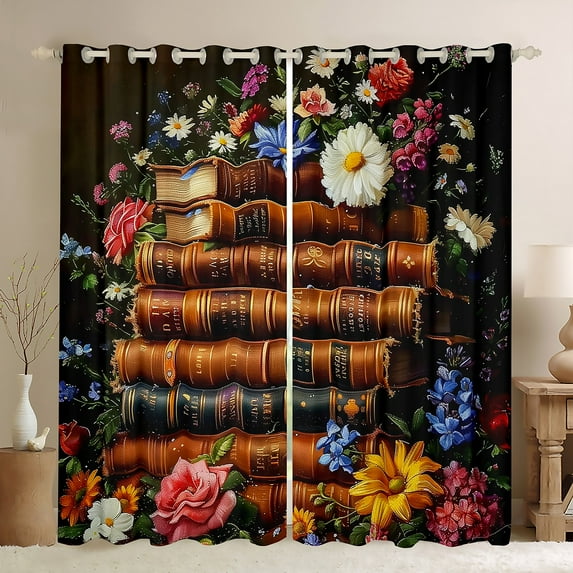 Manfei Kids Vintage Books Curtains Pack of 2 (42x84 Each), Bohemian Rose Flower Curtains Blackout, Western Mid Century Bedroom Curtains, Curtains and Drapes Decor