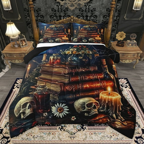 Manfei Kids Vintage Books Full Size Comforter Sets, Gothic Skeleton Skull Bedding Comforter Set, Western Mid Century Reversible Bedding Sets, Microfiber Bedroom Decor, 3-Piece