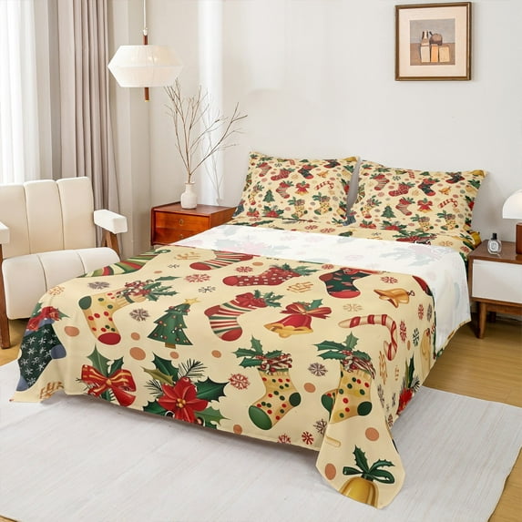 Manfei Kids Vintage Christmas Bed Sheets, Magical Xmas Socks King Sheets, Western Flower Plant Sheet Set, Lightweight Room Decor, 4 Pieces