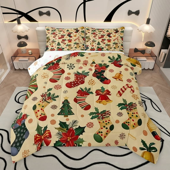 Manfei Kids Vintage Christmas Full Size Comforter Sets, Magical Xmas Socks Bedding Comforter Set, Western Flower Plant Reversible Bedding Sets, Lightweight Room Decor, 3 Pieces