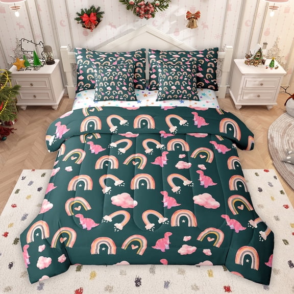 Homewish Kids Watercolor Dinosaur Bedding Comforter Set 7pcs, Kawaii Rainbow Cloud King Bedding Sets, Green Cartoon Theme Reversible Bed Sheets, Luxury Bedroom Decor