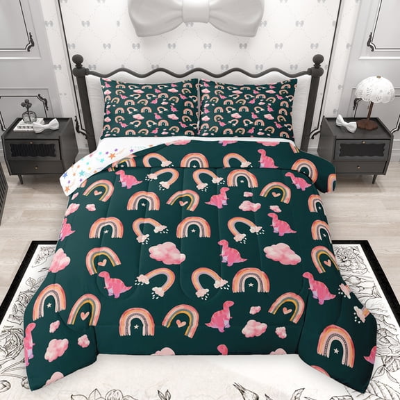 Homewish Kids Watercolor Dinosaur Queen Comforter Set, Kawaii Rainbow Cloud Bedding Sets, Green Cartoon Theme Reversible Bedding Comforter Set, Luxury Bedroom Decor, 3pcs
