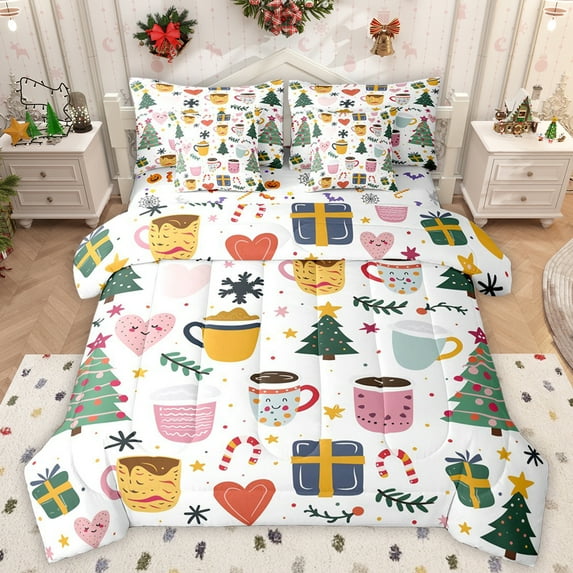 Manfei Kids Winter Coffee Bedding Comforter Set 7 Pieces, Cute Christmas Tree Full Bedding Set, Santa Claus Gifts Reversible Fitted Sheet Flat Sheet, Breathable Home Decor
