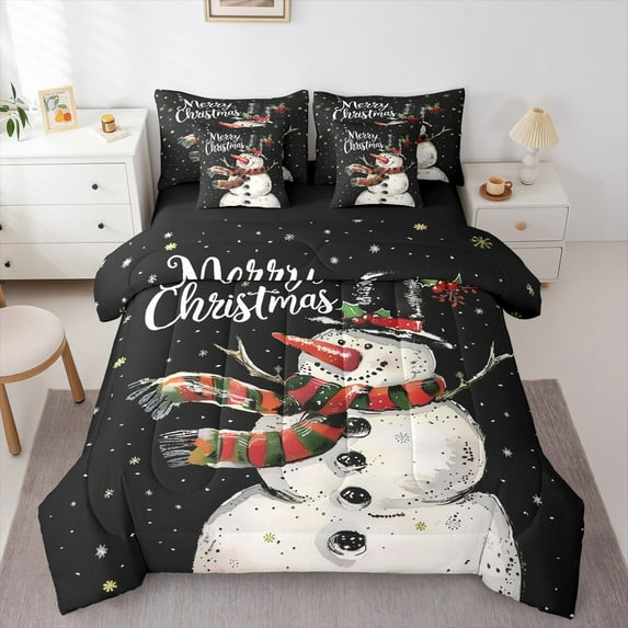 Manfei Kids Winter Snowman Bedding Comforter Set 7pcs, Merry Christmas Queen Bedding Sets, Western Festival Holiday Reversible Queen Sheet Sets, Super Cozy Room Decor