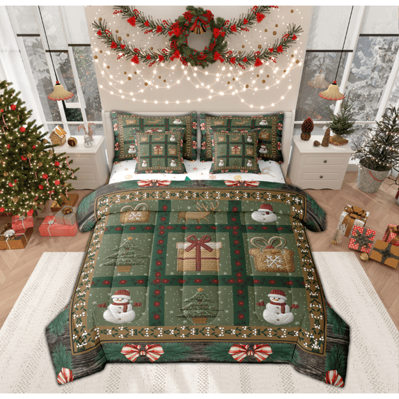 Manfei Kids Winter Snowman Twin Bedding Sets 7-Piece, Vintage Christmas Buffalo Bedding Comforter Set, Green Geometric Reversible Sheet Sets, Microfiber Bedroom Decor