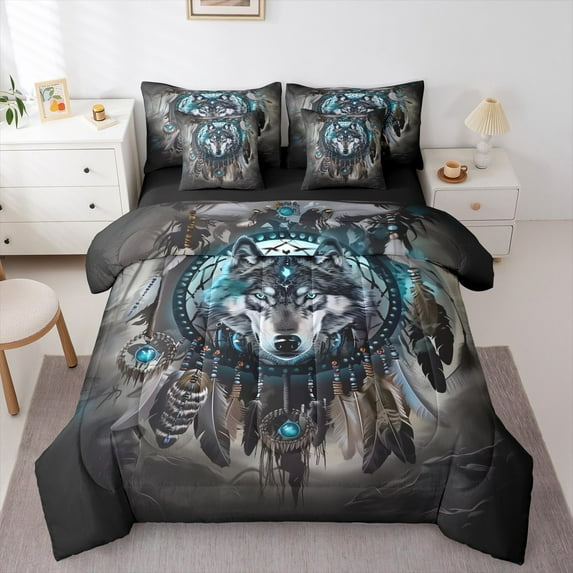 Manfei Kids Wolf Wildlife Bedding Comforter Set 7-Piece, Tribal Western Animal King Bedding Sets, Mystic Dream Catcher Reversible Bed Sheets, Microfiber Bedroom Decor