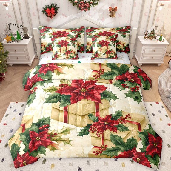 Manfei Kids Xmas Gifts 7-Piece Bedding Comforter Set,Red Berry Flower King Bedding Sets,Green Christmas Floral Bed Sheets For Men Women,Breathable Home Decor Reversible