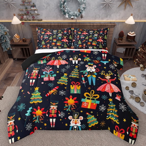 Manfei Kids Xmas Gifts Queen Comforter Set,Cartoon Christmas Tree Nutcracker Bedding Sets,Happy New Year Bedding Comforter Set For Teens,Ultra Soft Home Decor Reversible,3 Pieces