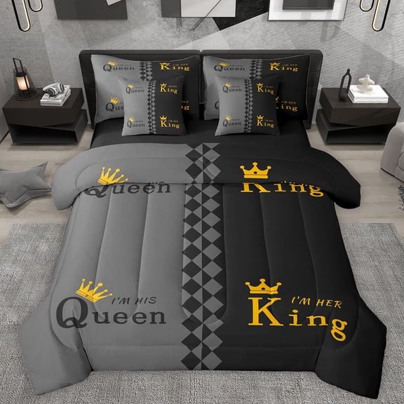 Manfei King and Queen Bedding Comforter Set 7 Pieces for Couple, Black Grey Abstract Full Bedding Set, Romantic Valentines Day Reversible Fitted Sheet Flat Sheet, Luxury Bedroom Decor