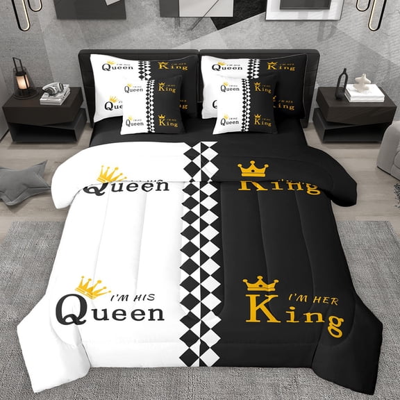 Manfei King and Queen Bedding Comforter Set 7pcs for Couple, Black White Abstract King Bedding Sets, Romantic Valentines Day Reversible Bed Sheets, Ultra Soft Bedroom Decor