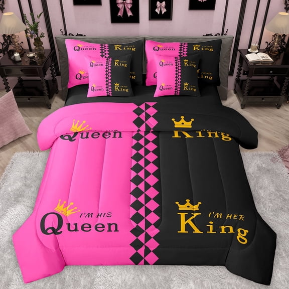 Manfei King Queen Crown Bedding Comforter Set 7pcs for Girl, Couple Anniversary King Bedding Sets, Hot Pink Square Rectangle Reversible Bed Sheets, Microfiber Bedroom Decor