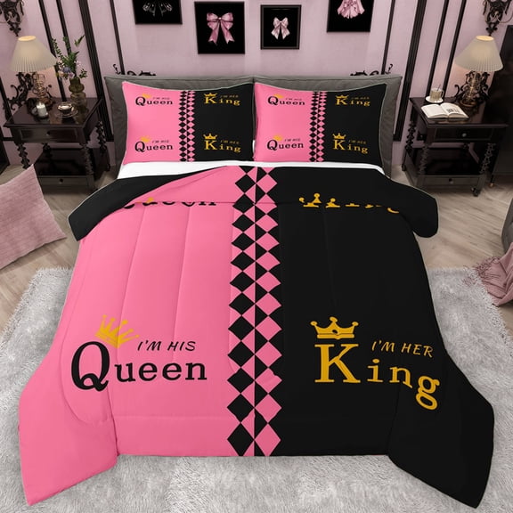 Manfei King Queen Crown Queen Comforter Set for Girl, Couple Anniversary Bedding Sets, Black Pink Square Rectangle Reversible Bedding Comforter Set, Super Cozy Room Decor, 3 Pieces