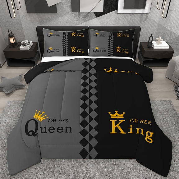 Manfei King and Queen Full Size Comforter Sets for Couple, Black Grey Abstract Bedding Comforter Set, Romantic Valentines Day Reversible Bedding Sets, Luxury Bedroom Decor, 3pcs