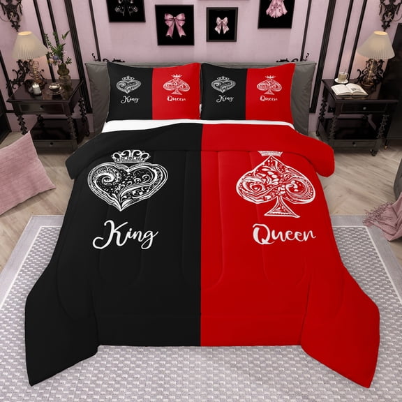 Manfei King and Queen Queen Comforter Set for Couple, Romantic Princess Crown Bedding Sets, Black Red Reversible Bedding Comforter Set, Lightweight Room Decor, 3pcs