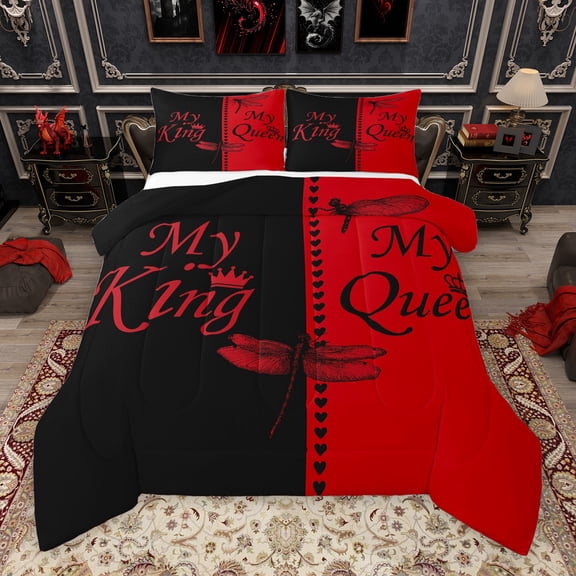 Manfei King and Queen Queen Comforter Set, Romantic Valentines Day Bedding Sets, Black Red Love Heart Reversible Bedding Comforter Set, Microfiber Bedroom Decor, 3 Pieces