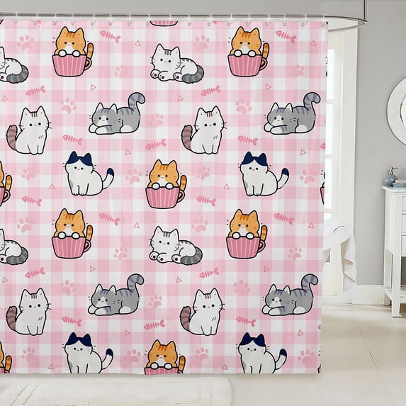 Manfei Kitten Cat Cat Shower Curtain 72Wx72L, Cartoon Grid Bathroom Curtain, Pink White