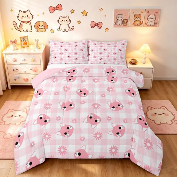 Manfei Kitten Cat Queen Comforter Set, Floral Gingham Comforter Sets Queen, Pink White, Pink Reversible, 3pcs, 1 Comforter and 2 Pillowcases