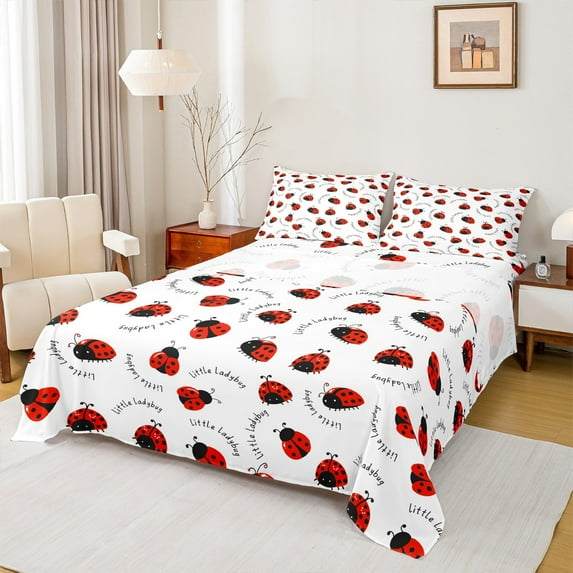 Manfei Ladybird Ladybug 4 Pieces Queen Sheet Sets,Kawaii Animal Ultra Soft Flat Sheet,Black Red Queen Fitted Sheet,Lightweight Cute Bedroom Decoration
