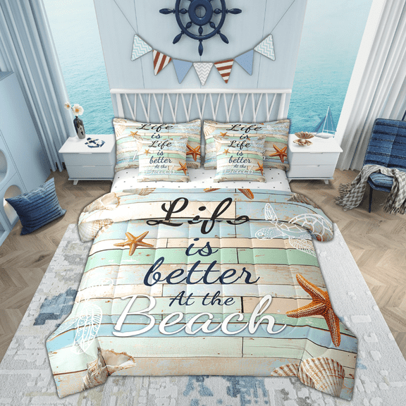 Manfei Lake House Bed in a Bag Twin size, Beach Seashell Bed Set, Lodge Cabin Reversible Bedding Twin Size, Breathable Room Decor, 7 Pieces