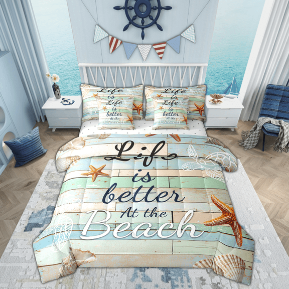 Manfei Lake House Bed in a Bag Twin size, Beach Seashell Bed Set, Lodge Cabin Reversible Bedding Twin Size, Breathable Room Decor, 7 Pieces