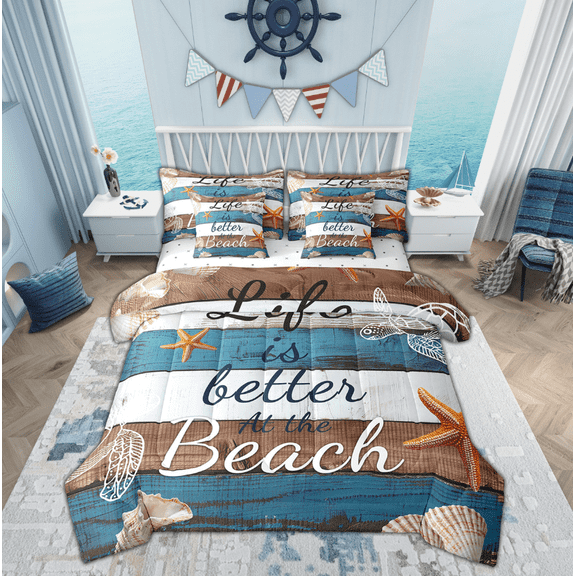 Manfei Lake House Bed in a Bag Twin size, Beach Seashell Bed Set, Lodge Cabin Reversible Bedding Twin Size, Ultra Soft Bedroom Decoration, 7 Pieces