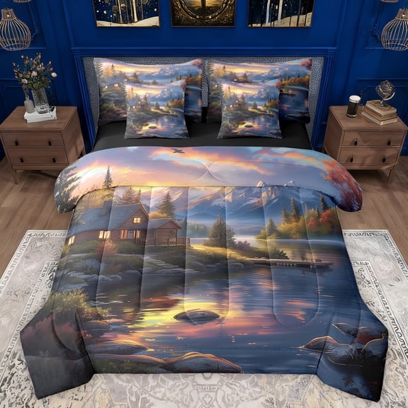 Manfei Lake House Bedding Comforter Set 7-Piece for Boys Girls,Rustic Cottage King Bedding Sets,Nature Scenery Ultra Soft Bed Sheets,Ultra Soft Home Decor,Reversible