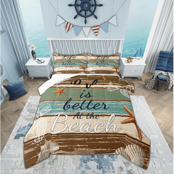 Manfei Lake House Bedding Sets Twin with Comforter, Beach Seashell Comforter Sets Twin Size, Lodge Cabin Reversible Down Comforter, Microfiber Room Decor, 2 Pieces
