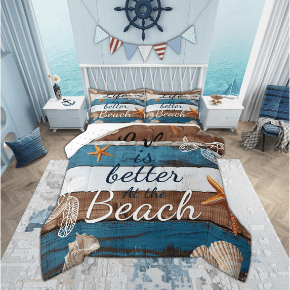 Manfei Lake House Bedding Sets Twin with Comforter, Beach Seashell Comforter Sets Twin Size, Lodge Cabin Reversible Down Comforter, Ultra Soft Bedroom Decoration, 2 Pieces