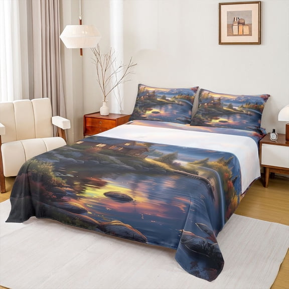 Manfei Lake House Twin Sheet Sets 3pcs for Boys Girls,Rustic Cottage Twin Fitted Sheet Microfiber,Nature Scenery Breathable Flat Sheet,Ultra Soft Home Decor