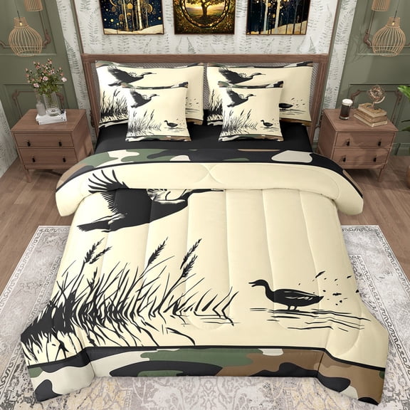 Manfei Lake Mallard 7-Piece Bedding Comforter Set,Rustic Flying Duck King Bedding Sets,Retro Camo Camouflage Bed Sheets For Teens,Super Cozy Room Decor Reversible