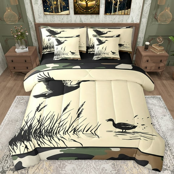 Manfei Lake Mallard 7pcs Bedding Comforter Set,Rustic Flying Duck Queen Bedding Sets,Retro Camo Camouflage Queen Sheet Sets For Teens,Super Cozy Room Decor Reversible