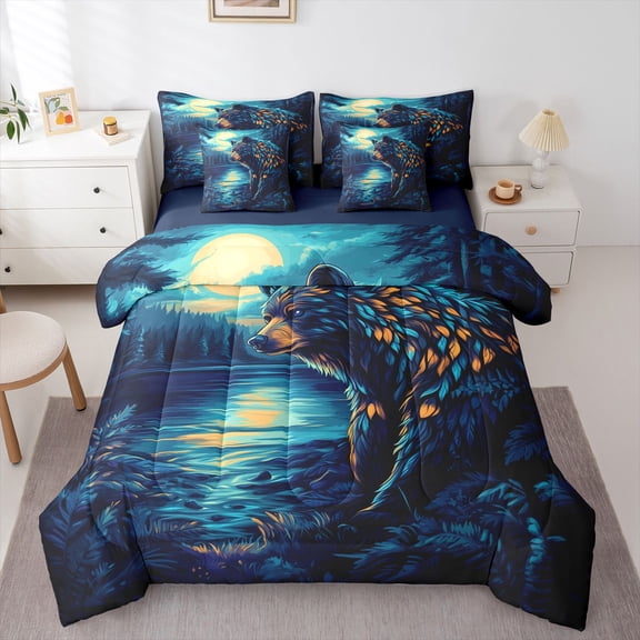 Manfei Lakeside Bear 7-Piece Twin Bedding,Dark Night Pattern Bedding Comforter Set,Blue,Navy Blue Reversible