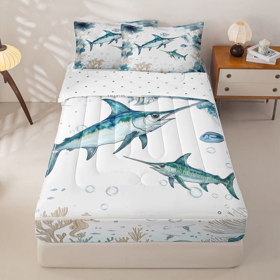 Manfei Large Marlin Zipper Twin Comforter Sets with Fitted Sheet and 2 Pillowcases,Ocean Themed Art Zipper Bedding Set,White Green,Reversible,4pcs