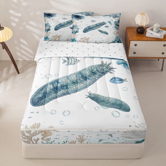 Manfei Large Sea Cucumber Zipper Twin Comforter Sets with Fitted Sheet and 2 Pillowcases,Ocean Themed Art Zipper Bedding Set,White Green,Reversible,4pcs