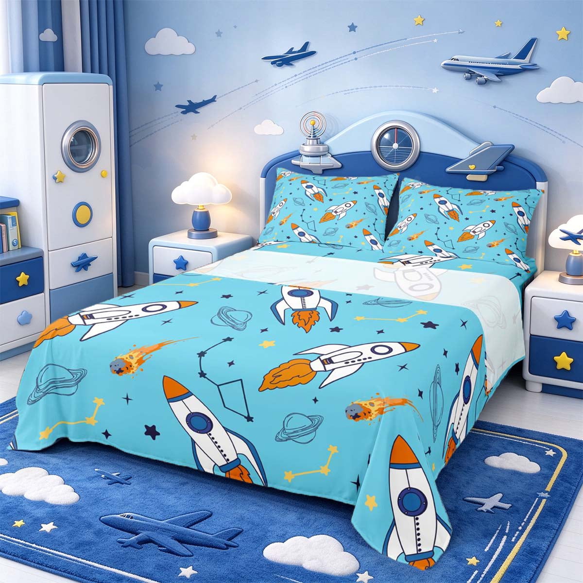 Manfei Launch Rocket Queen Sheets,Cute Planet Queen Sheet Sets,1 Flat ...