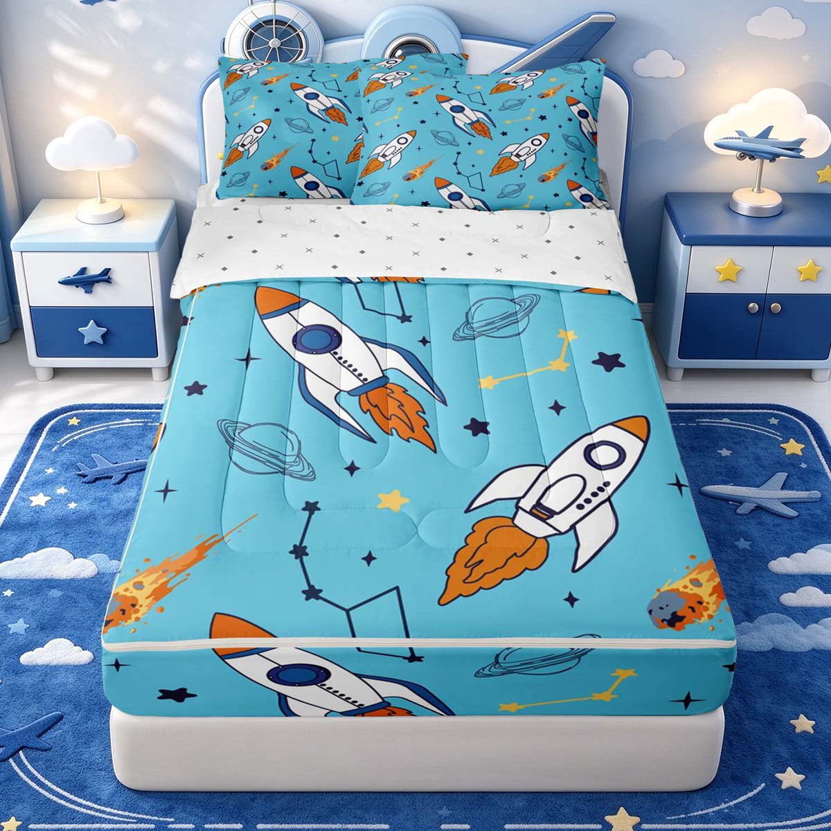 Manfei Launch Rocket Zipper Queen Comforter Set with Fitted Sheet and 2 ...