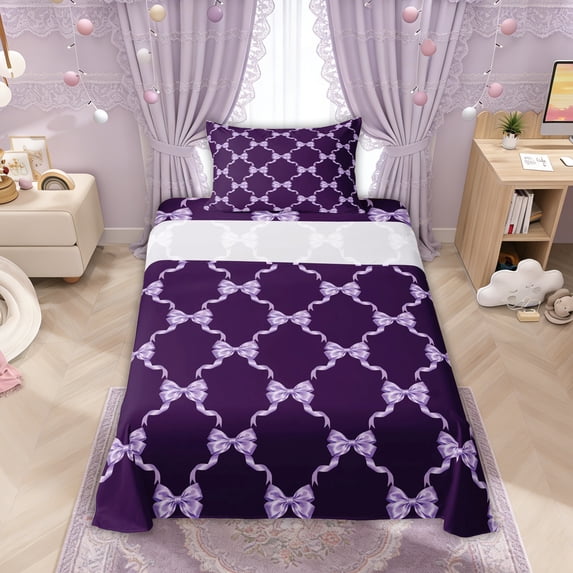 Manfei Lavender Satin Bow Dark Purple Twin Sheet Sets, Shiny Ribbon Bedding for Girls Women, 3pcs