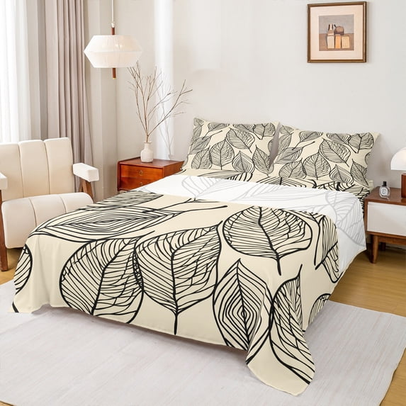 Manfei Leaf Plant Botanical Bed Sheets, Beige Cartoon King Sheets, Chic Modern Fashion Sheet Set, Lightweight Room Decor, 4pcs