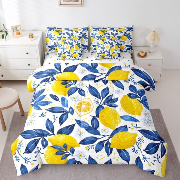 Manfei Lemon 7pcs Bedding Comforter Set,Summer Fruit Queen Bedding Sets,Yellow Blue White Queen Sheet Sets For Teens,Microfiber Bedroom Decor Reversible