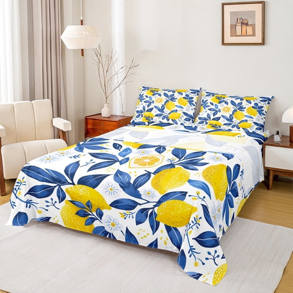 Manfei Lemon Bed Sheets,Summer Fruit King Sheets,Yellow Blue White Sheet Set For Teens,Microfiber Bedroom Decor,4pcs