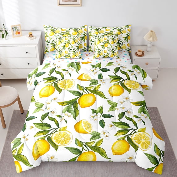 Manfei Lemon Bedding Comforter Set 7 Pieces,Cute Fruit Queen Bedding Sets,Yellow Green White Queen Sheet Sets,Super Cozy Room Decor Reversible