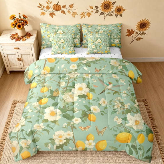 Manfei Lemon Floral King Bedding, Garden Butterfly King Bed in a Bag ...