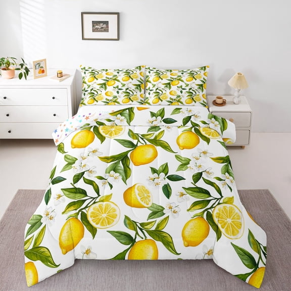 Manfei Lemon Full Size Comforter Sets,Cute Fruit Bedding Comforter Set,Yellow Green White Bedding Sets,Super Cozy Room Decor Reversible,3-Piece