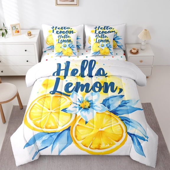 Manfei Lemon Print 7pcs Bedding Comforter Set,Hello Lemon Queen Bedding Sets,Blue Leaves Queen Sheet Sets For Girls,Super Cozy Room Decor Reversible